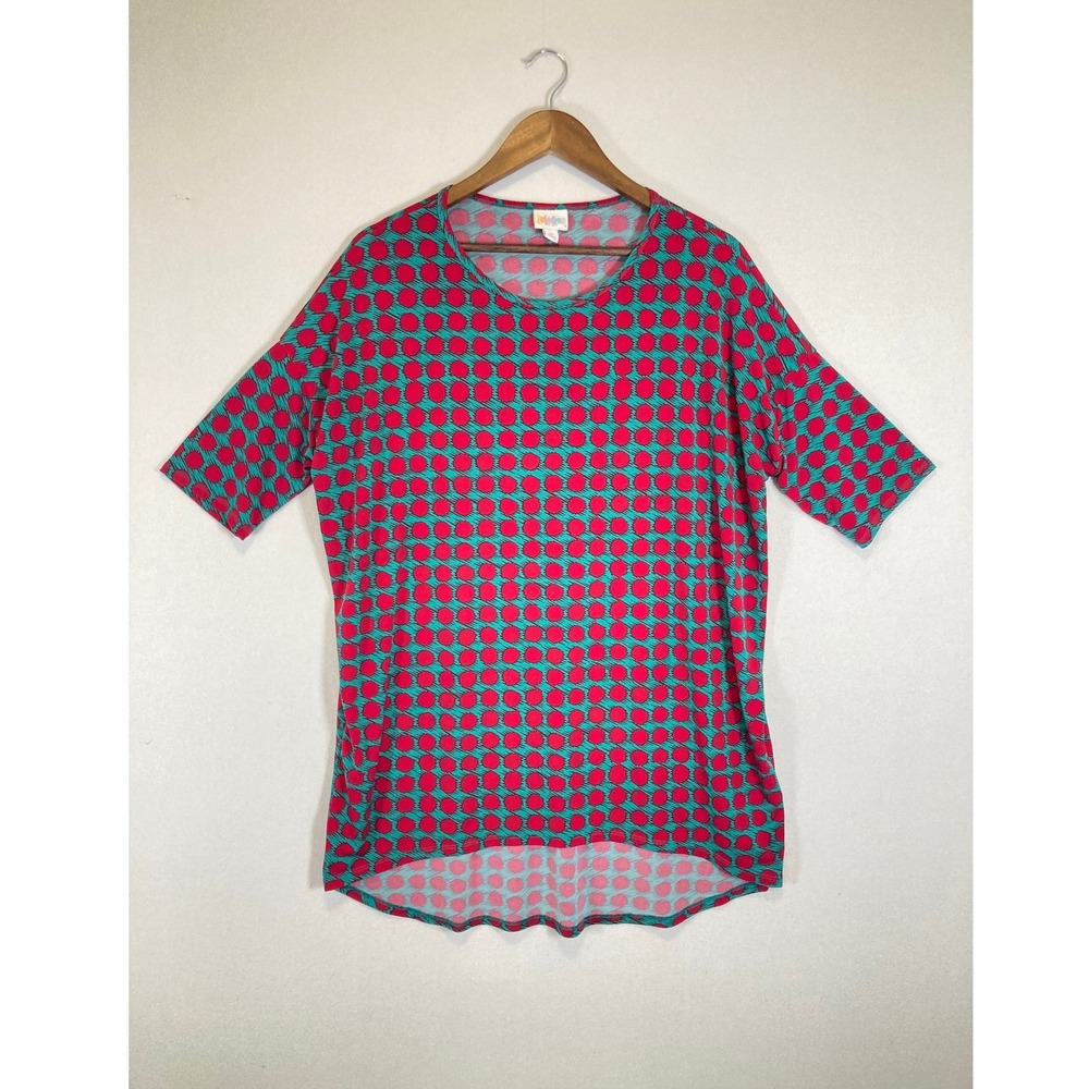 Retro Mod LuLaRoe Womens Medium Red Teal Polka Dot Irma High Low Tunic Top